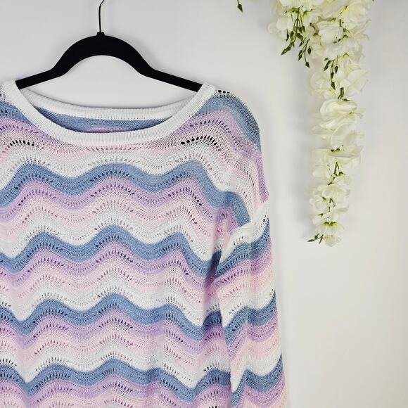 Pastel Wave Open Knit Sweater Large Cottage Y2K Soft Girl Lightweight Coquette - Picture 6 of 12